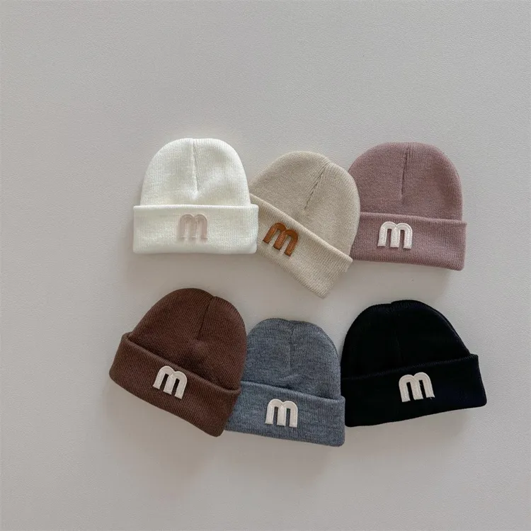 宝宝帽子秋冬季婴幼儿简约风字母帽韩版洋气婴儿针织帽百搭毛线帽