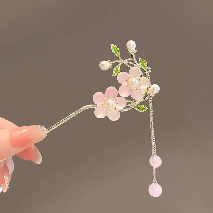 精致粉色桃花流苏少女发簪国风现代气百搭质盘发簪子旗袍汉服配饰