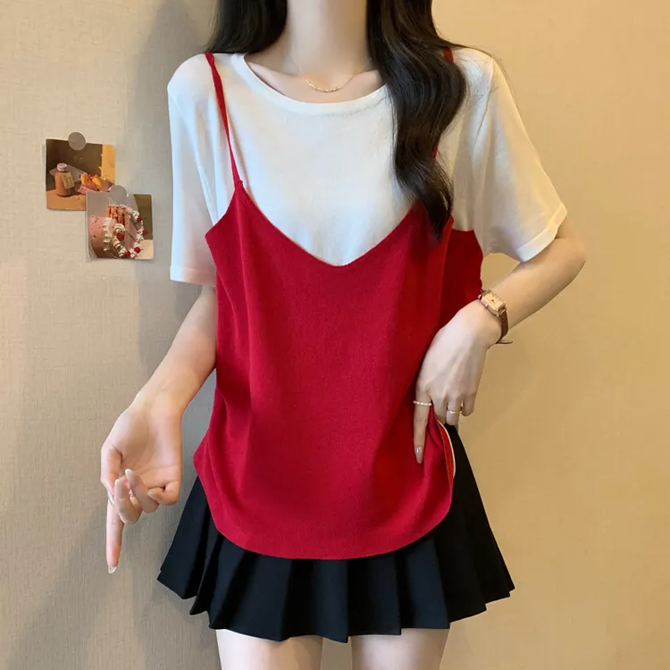 2024年大码设计感夏季假两件胖mm侧边抽绳显瘦上衣胖mm遮肚子T恤