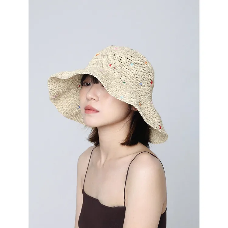 草帽女度假防晒遮阳帽夏季海边渔夫帽编织太阳帽拉菲草手工草编帽