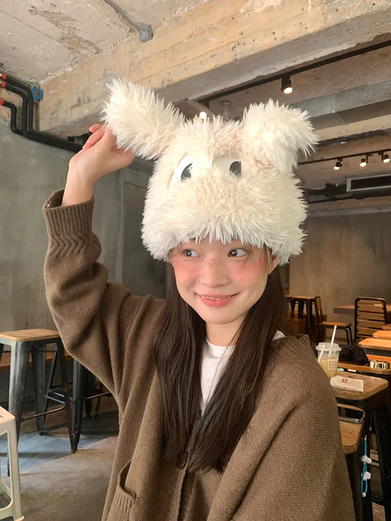 网红搞怪卡通小狗套头帽女眼睛长耳朵秋冬加厚保暖日系毛绒帽学生