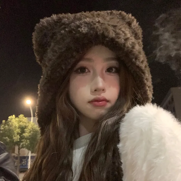 可爱毛绒绒小熊耳朵帽子女秋冬骑车加绒保暖护耳大头围雷锋帽学生