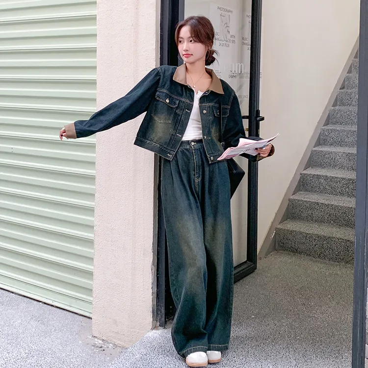 复古牛仔套装女2024新款秋季搭配一整套时尚今年流行阔腿裤两件套