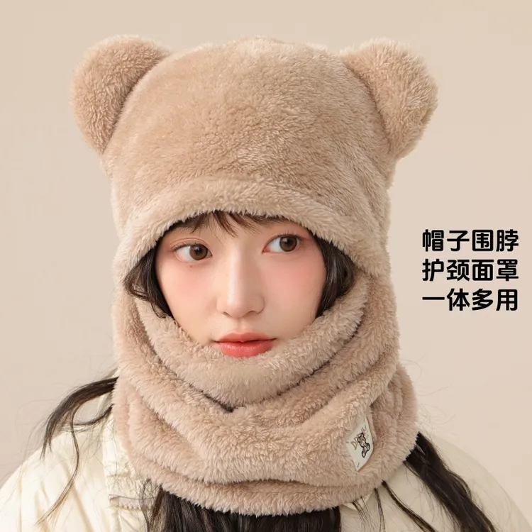 毛绒帽子围脖面罩一体多用骑车防寒加绒头盔帽卫衣帽护耳包头帽子