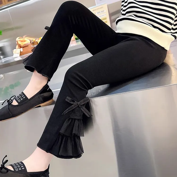 宝宝春秋新款微喇裤黑色时尚高腰洋气蝴蝶结外穿儿童休闲裤喇叭裤