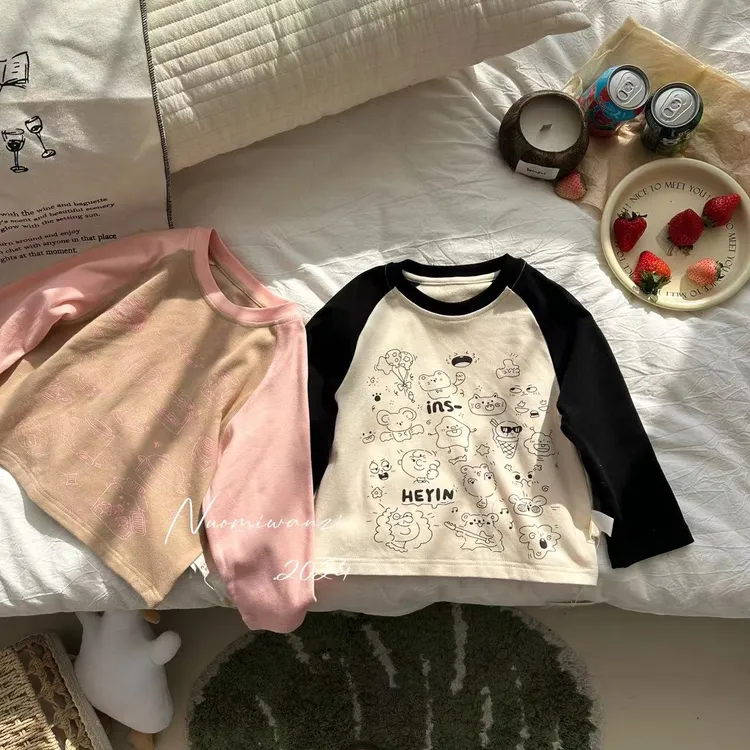 【现货】儿童韩版纯色拼接时尚卡通长袖T（春款） WZJ-6078-糯米丸子