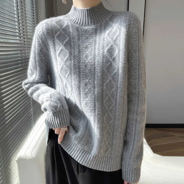 纯色绞花针织衫重工加厚毛衣时尚针织衫女半高领长袖宽松打底衫