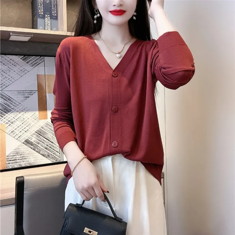 曲珠冰丝 V领针织开衫夏季必备薄款开衫 长袖防晒衣空调衫凉凉衣