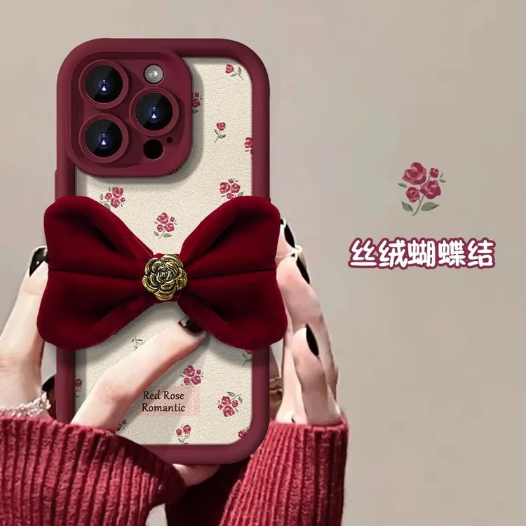 酒红丝绒蝴蝶结iPhone15ProMax手机壳彩绘复古风苹果14硅胶软13pm