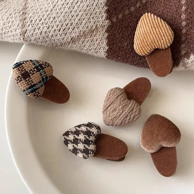 百搭咖色系丝绒格纹爱心植绒发夹少女百搭侧边夹碎发刘海夹鸭嘴夹