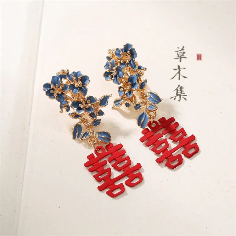 铜合金耳饰  气质古风中式耳挂百搭耳环喜字耳饰新娘结婚配饰品