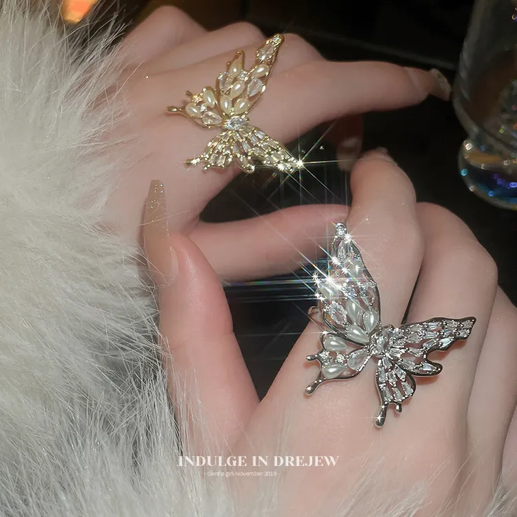 合金合成锆石戒指 蝴蝶开口戒指女轻奢高级感食指戒指环时尚手饰