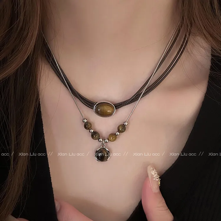 钛钢皮质项链 美拉德皮革choker锁骨链女新中式复古串珠项链颈链