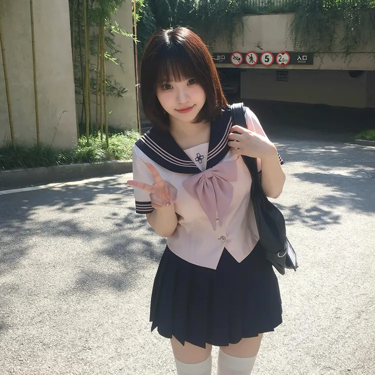 原创【小时夏】日系JK收腰款水手服学院风制服套装女夏短袖粉色上衣