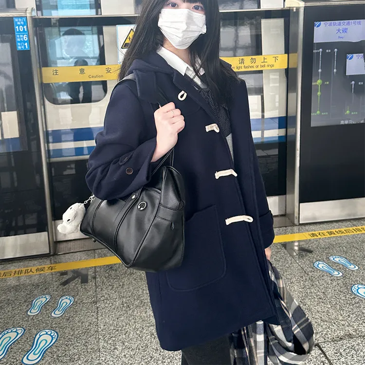 2024秋冬日系牛角扣jk大衣jk制服学院外套女加厚中长款夹棉毛呢