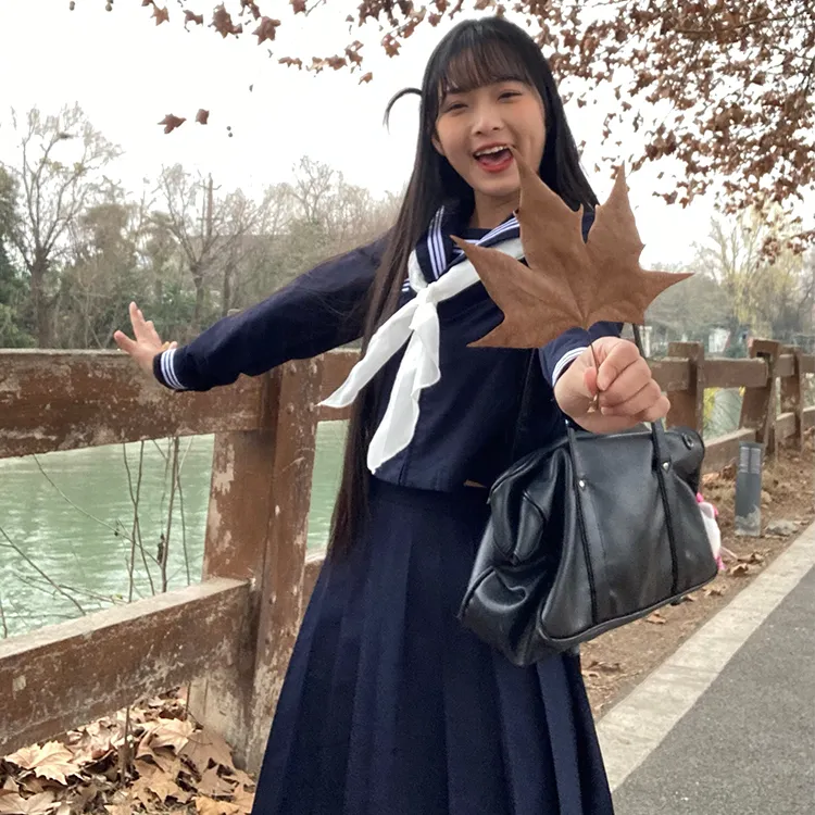 日系基础款水手服学院风jk制服套装绀色升级三本中间服上衣长短袖