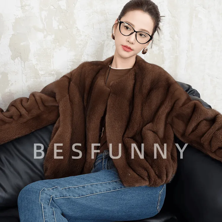 Besfunny露姐「醇香」咖啡本色短款年轻款貂皮大衣女整貂水貂外套