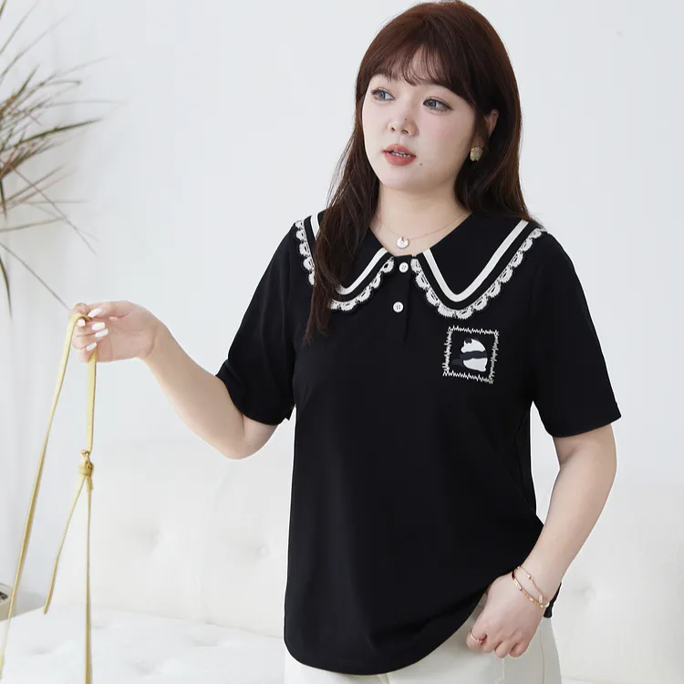 大码娃娃领短袖t恤女士2024夏季新款洋气减龄POLO衫胖mm显瘦上衣