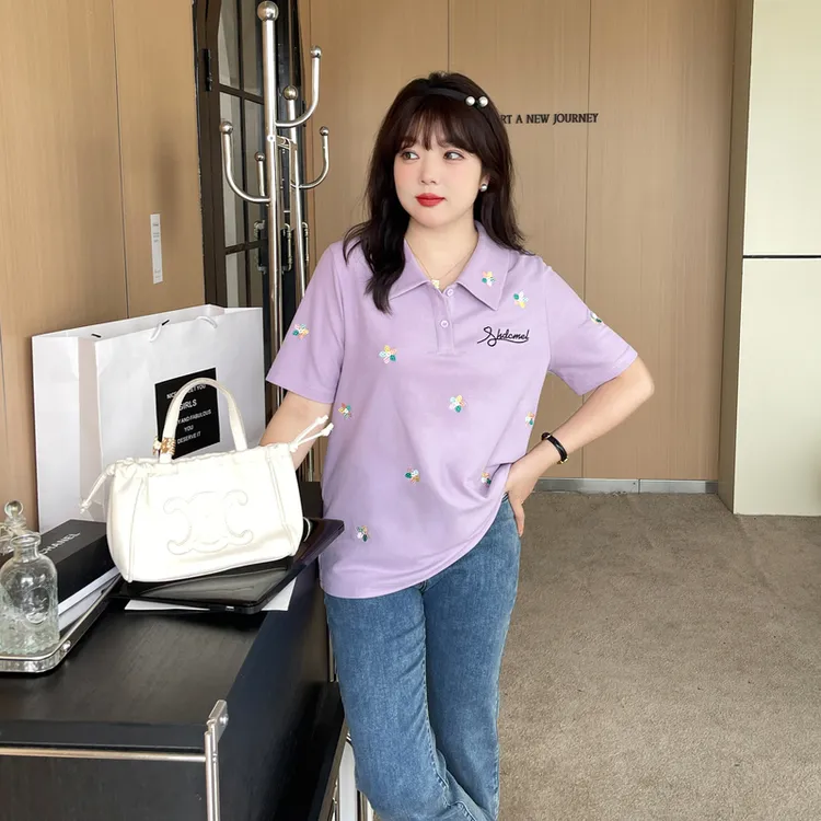 大码夏季polo领正肩显瘦遮肚短袖t恤女胖mm洋气休闲宽松半袖上衣