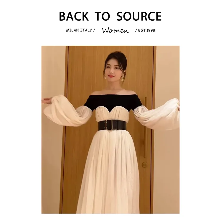 JCC【【暗香疏影】高级感冷淡系显瘦黑白拼接气质名媛风一字肩长裙