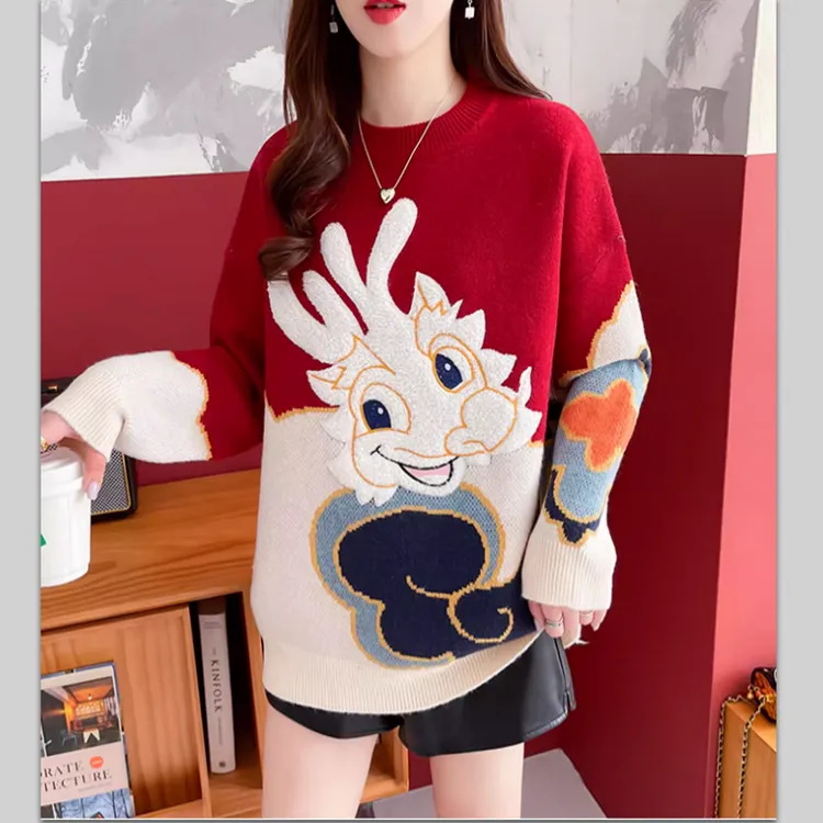 刺绣新年龙冬季超加厚中长款女装圆领套头时尚百搭外穿宽松红色