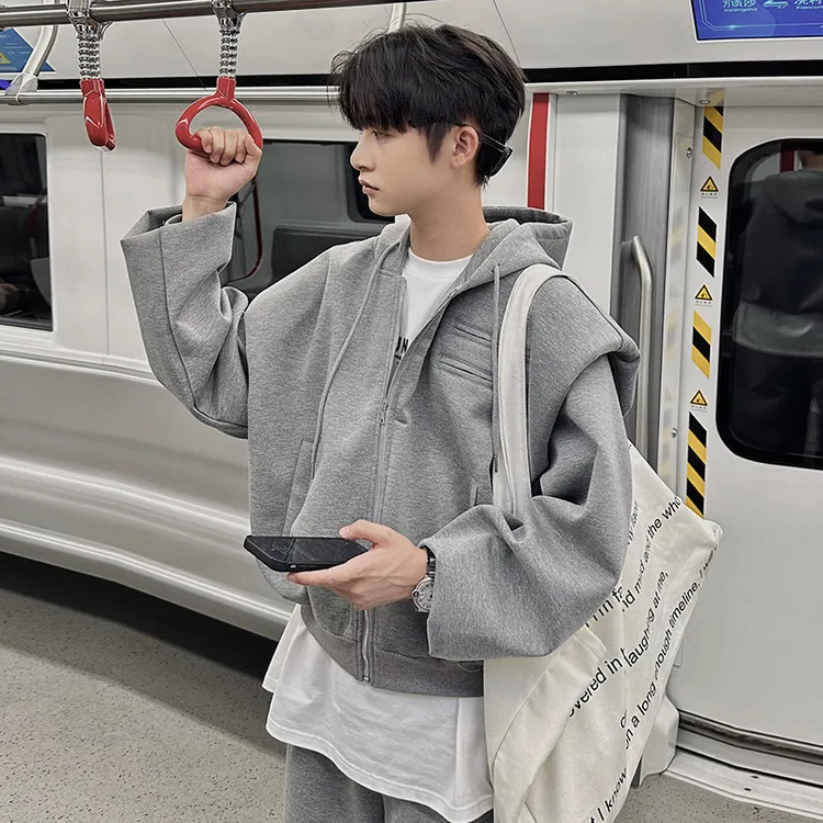 重磅硬挺cleanfit垫肩卫衣男春秋季宽松开衫连帽假两件美式复古潮