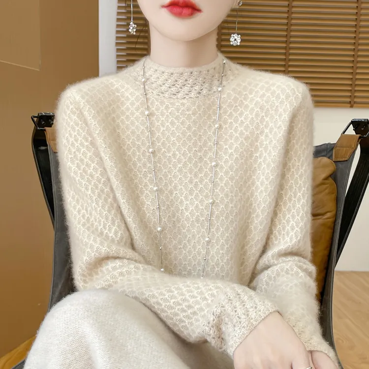 100纯羊毛针织打底毛衣宽松内搭七针加厚蜂窝半高领羊毛衫女秋冬