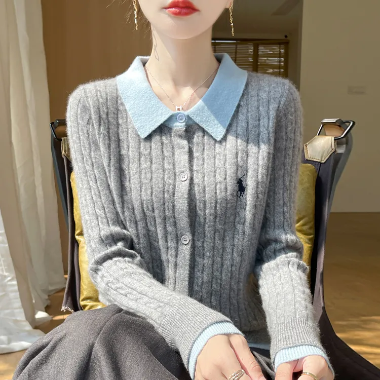 2024秋冬100羊毛拼色绣花针织开衫上衣女撞色衬衣领女毛衣外套