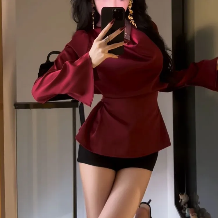 衬衫女法式气质名媛风缎面荡领长袖衬衣夏季新款绑带收腰短款上衣