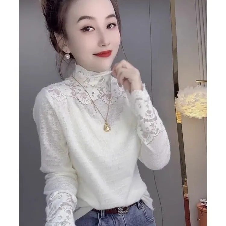 冬季2025新款拼接蕾丝设计感长袖T恤女装小众修身显瘦打底衫上衣