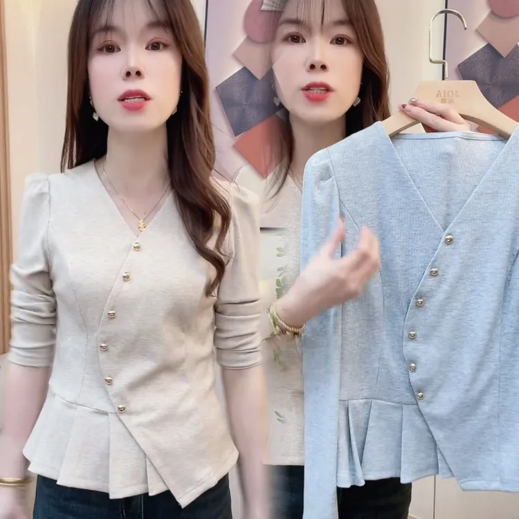 小个子时尚V领长袖T恤女春秋设计感外穿打底衫修身显瘦体恤衫上衣