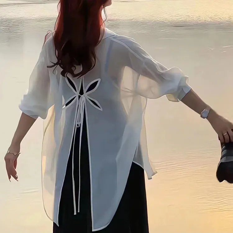 后背开叉衬衫女夏薄款开衫外套设计感小众空调衫雪纺防晒上衣