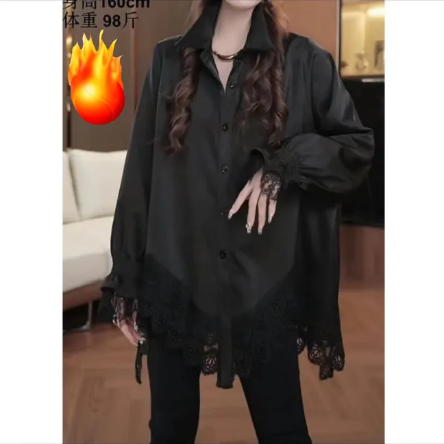 欧洲站2025秋冬新款百搭蕾丝拼接加绒中长款POLO领衬衫宽松上衣女