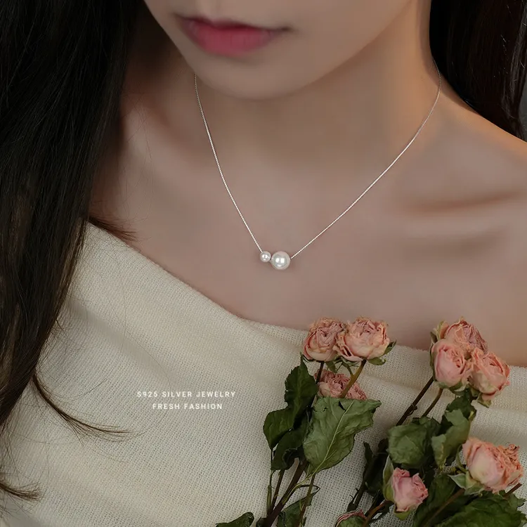 浮游映羽 链子925银 双珠项链 纯银贝珠时尚小众轻奢百搭简约精致