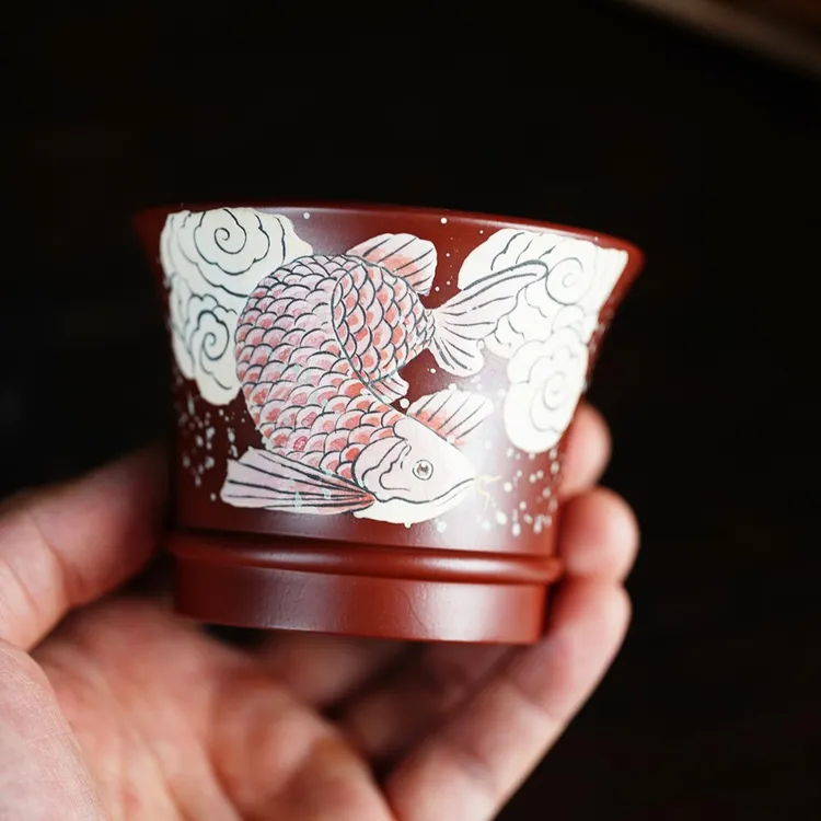 1503宜兴紫砂全手工红泥泥绘手工堆绘红龙鱼竹节主人杯女士紫砂杯