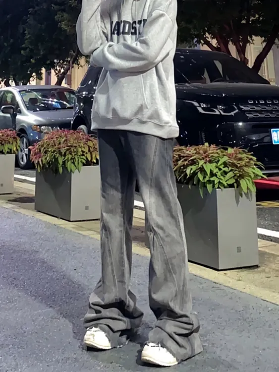 美式复古微喇叭毛边拖地牛仔裤男女高腰水洗黑灰渐变阔腿垂感长裤