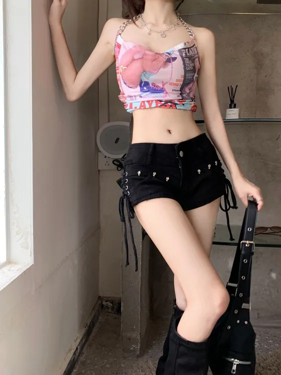 夏季爆款绑带设计辣妹低腰显瘦热裤美式复古vibe紧身黑色牛仔短裤