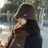 黑色毛线渔夫帽子女秋冬季气质百搭遮脸显脸小大头围针织水桶盆帽