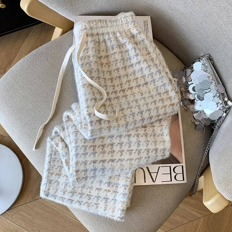 千鸟格阔腿裤女150秋冬小个子显高直筒裤145户外通勤高腰拖地长裤