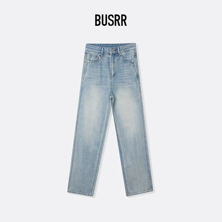 Busrr宽松直筒牛仔裤女百搭水洗月光蓝高腰显瘦垂感宽松直筒裤子
