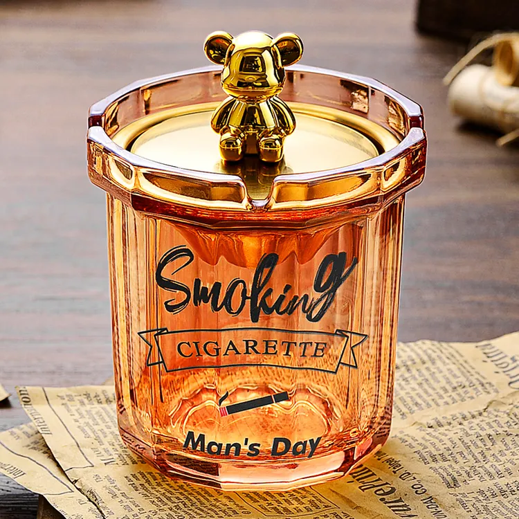 紫山竹漏斗烟灰缸带盖防飞灰家用客厅创意烟缸加厚玻璃不锈钢盖子