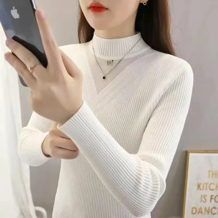 长袖针织衫女厚款2025秋冬新款毛衣洋气百搭半高领打底衫修身内搭