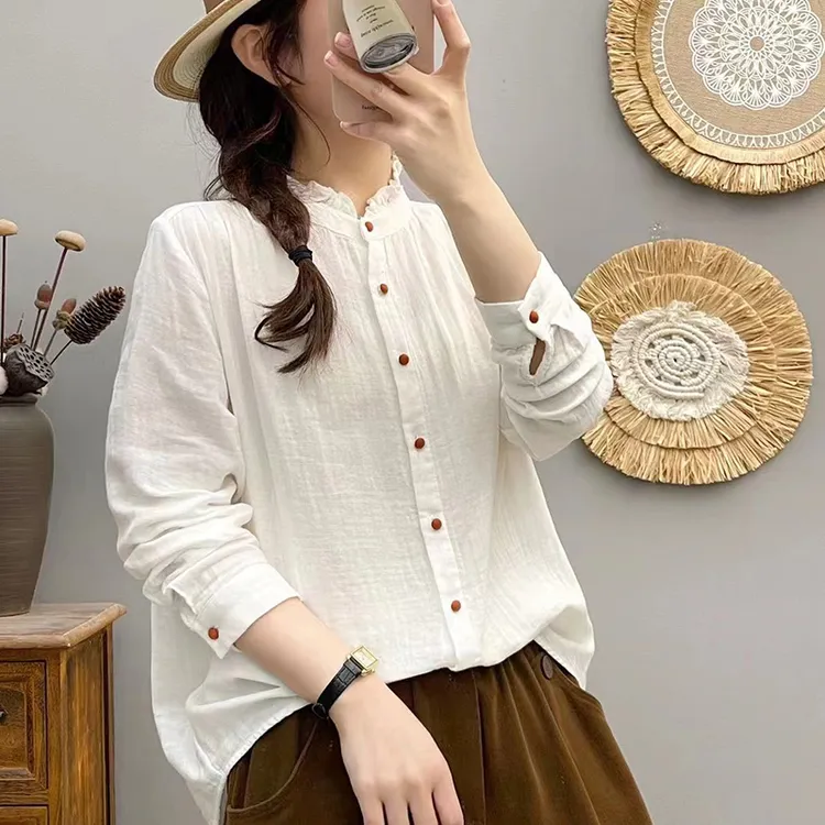 2025春秋新款花边领长袖衬衫时尚减龄棉纱衬衣百搭宽松大码女8394