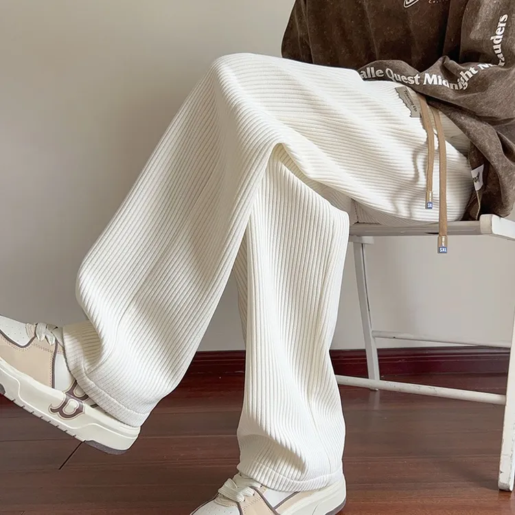 冬季加绒加厚裤子垂感直筒长裤宽松大码潮牌阔腿裤雪尼尔休闲裤男