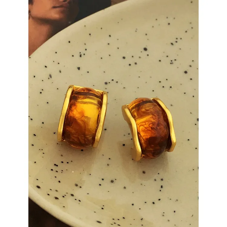 铜合金耳饰 铜镀真金S925银针气质复古C字不规则花纹耳钉8048