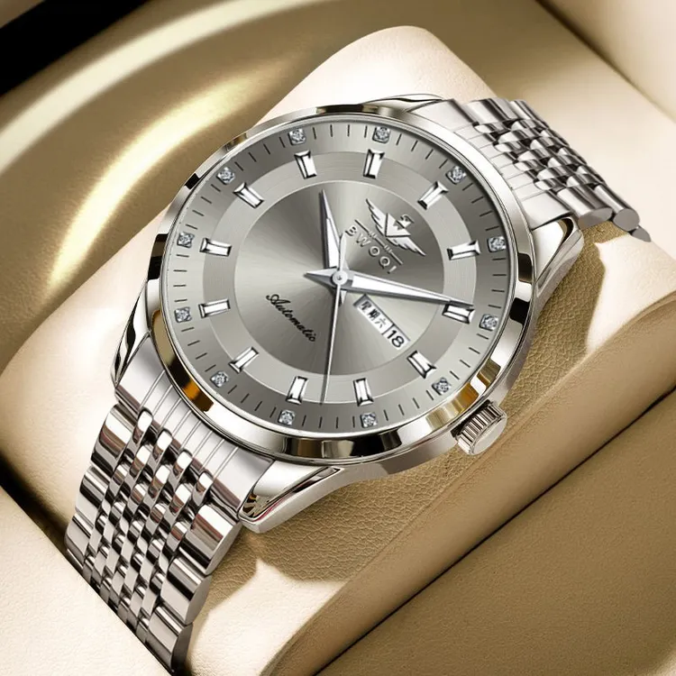 【专柜直发】高级灰/正品/全自动镂空防水双日历钢带时尚夜光手表男商品图