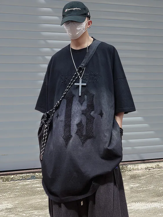 美式高街水洗复古VTG短袖刺绣宽松oversize圆领五分袖T恤