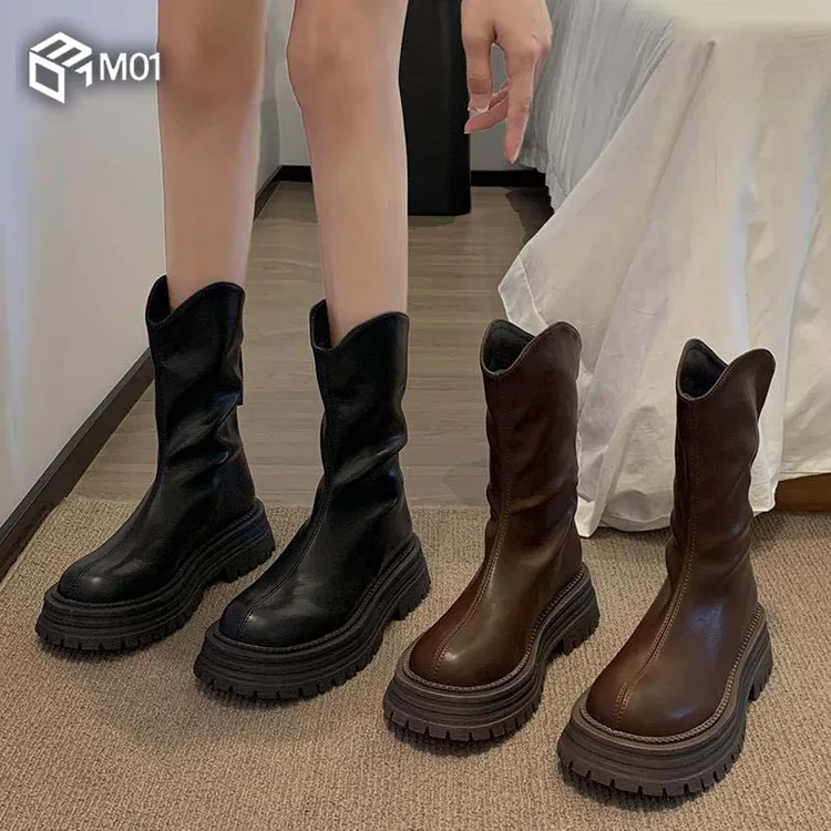 M01短靴女款2025春秋新款复古简约百搭小个子时尚休闲厚底瘦瘦靴