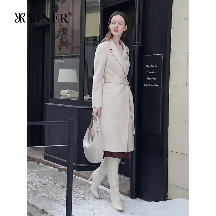 YINER音儿专选女装秋季气质中长款骆驼绒羊毛羊绒混纺双面呢大衣