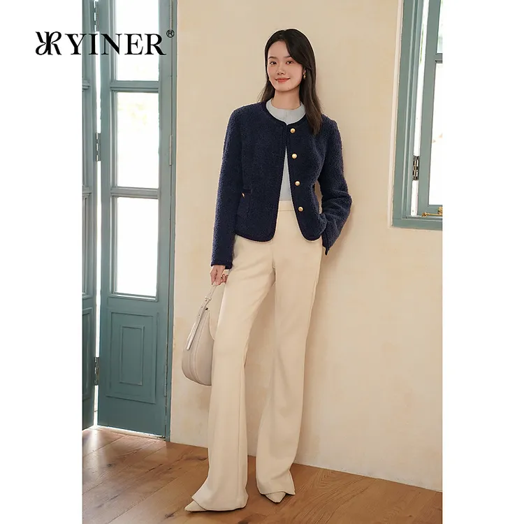 YINER音儿专选冬季时尚法式短款圆领保暖环保羊毛皮草外套